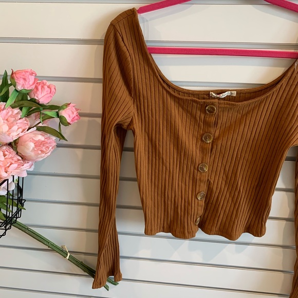 Brown ribbed long sleeve top - Picture 3 of 11